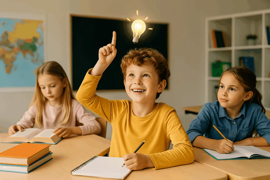 Kinder im Englischunterricht, die mit Freude und Neugier lernen – Symbolbild für eine Idee und Lernerfolg bei Happy Fox