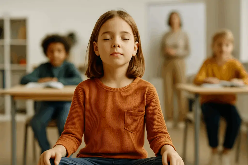 Kind atmet tief durch, um sich zu beruhigen – Symbolbild für Achtsamkeit und Stressbewältigung bei Kindern.