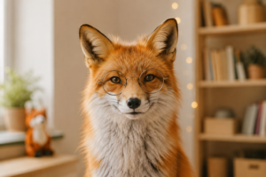 Porträt eines freundlichen Fuchses mit runder Brille in warmer, gemütlicher Atmosphäre als Symbol für den Happy-Fox-Fuchsbau.