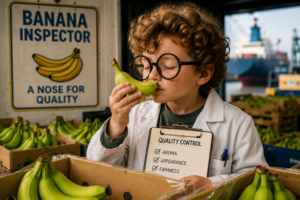 Junge mit großen runden Brillen und Locken riecht an einer Banane in einem Bananenlager und spielt einen Bananenschnüffler.