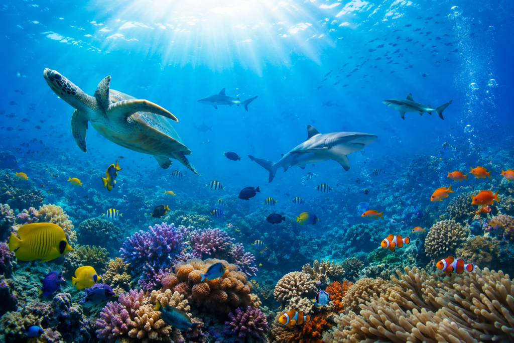 Bunte Unterwasserwelt mit Korallen, tropischen Fischen, Schildkröte und mehreren Haien im tiefblauen Meer.