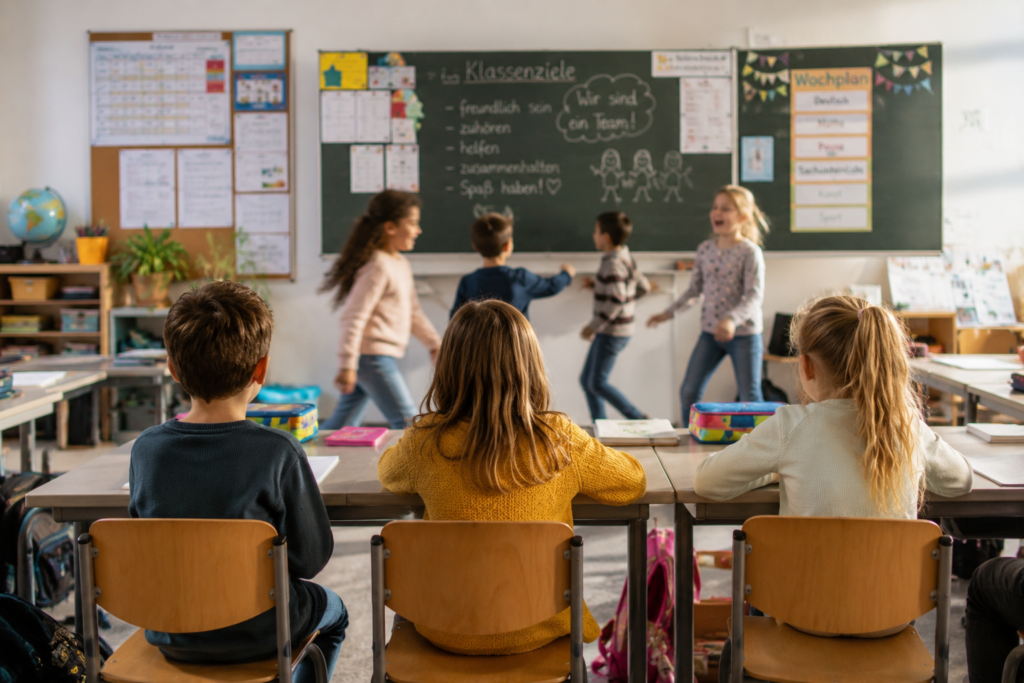 Kinder bewegen sich spielerisch und lernen gemeinsam in einem hellen freundlichen Unterrichtsraum.