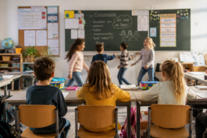 Kinder bewegen sich spielerisch und lernen gemeinsam in einem hellen freundlichen Unterrichtsraum.