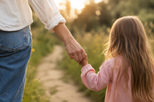 Eine erwachsene Person hält beim Spaziergang liebevoll die Hand eines Kindes, während beide gemeinsam achtsam durch die Natur gehen.