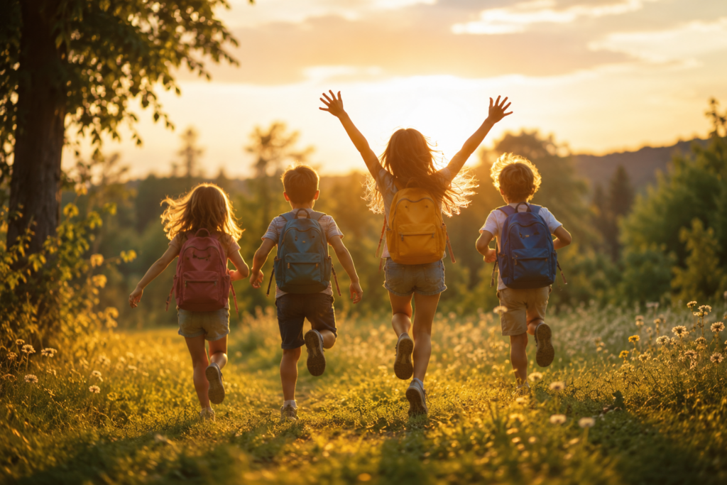 Vier Kinder laufen mit kleinen Rucksäcken durch eine sonnige Wiese im goldenen Abendlicht.