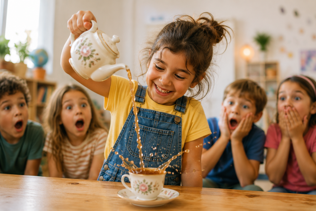 Grinsendes Mädchen gießt dramatisch Tee aus einer Tasse, während andere Kinder überrascht zuschauen.