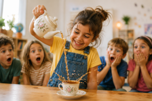 Grinsendes Mädchen gießt dramatisch Tee aus einer Tasse, während andere Kinder überrascht zuschauen.
