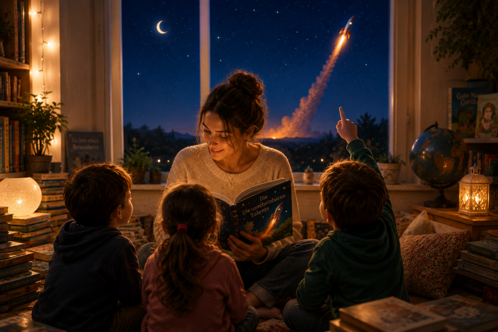 Frau liest Kindern in einem gemütlichen Raum ein Buch vor, während draußen eine Rakete in den Nachthimmel startet.