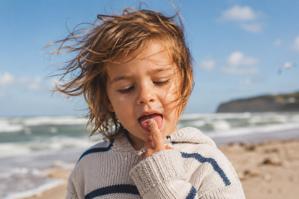 Kind am windigen Strand schleckt neugierig einen salzigen Finger ab und entdeckt das Meerwasser.